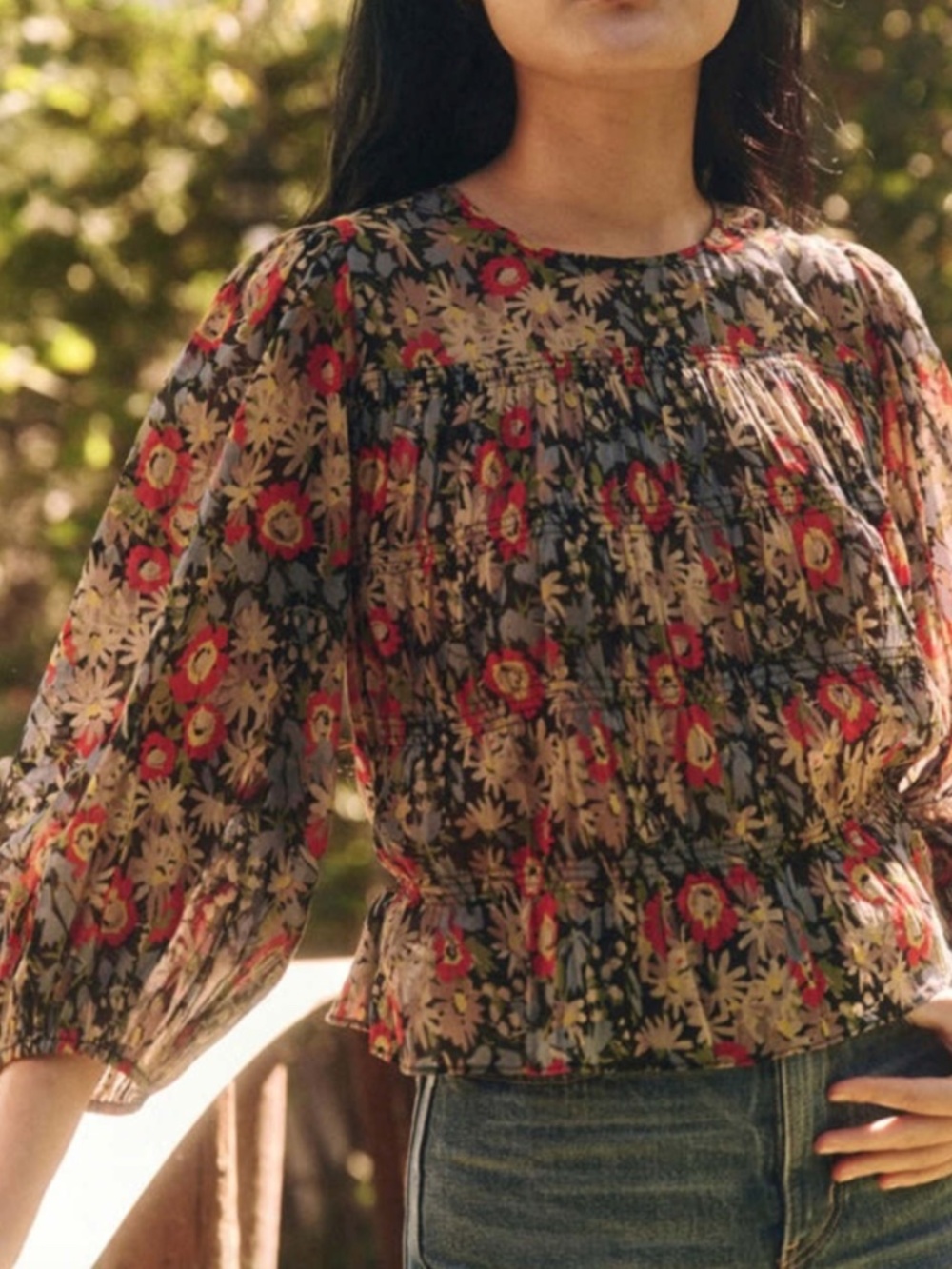 THE GREAT. Floral Peasant Blouse in Black, Red, Cream